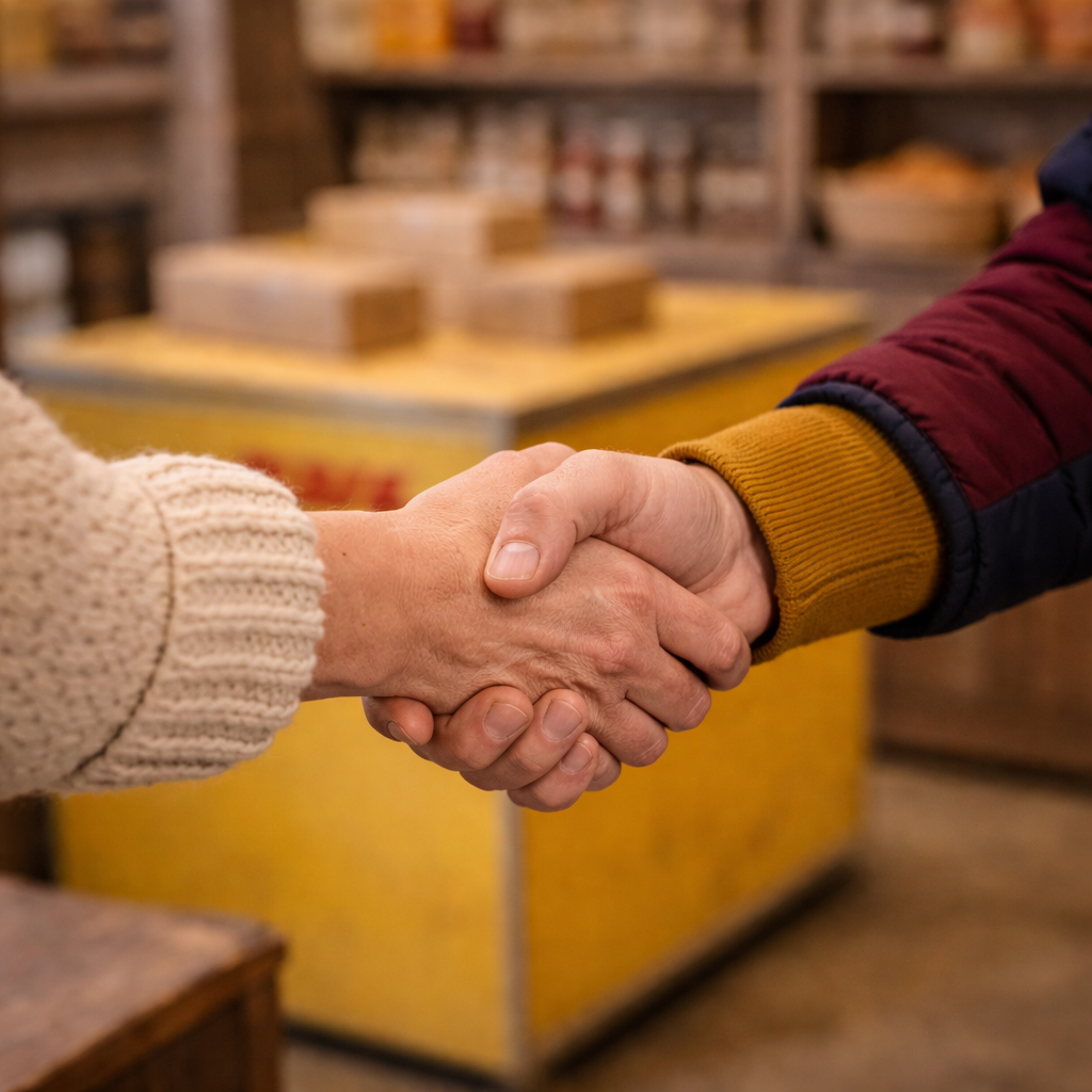 Zwei Menschen schütteln sich im Dorfladen Lenglern die Hand