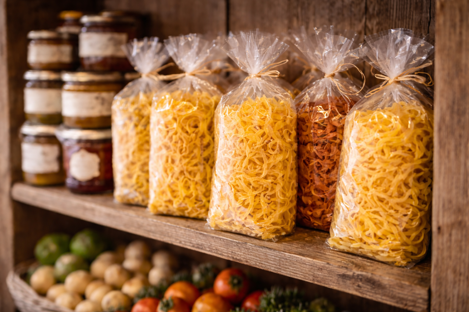 In einem Regal stehen mehrere Tüten Nudeln und Soßen in Gläsern