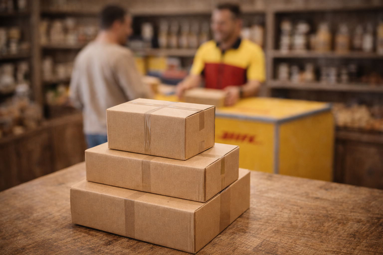 Drei Pakete liegen übereinander, im Hintergrund wird ein Postgeschäft abgewickelt