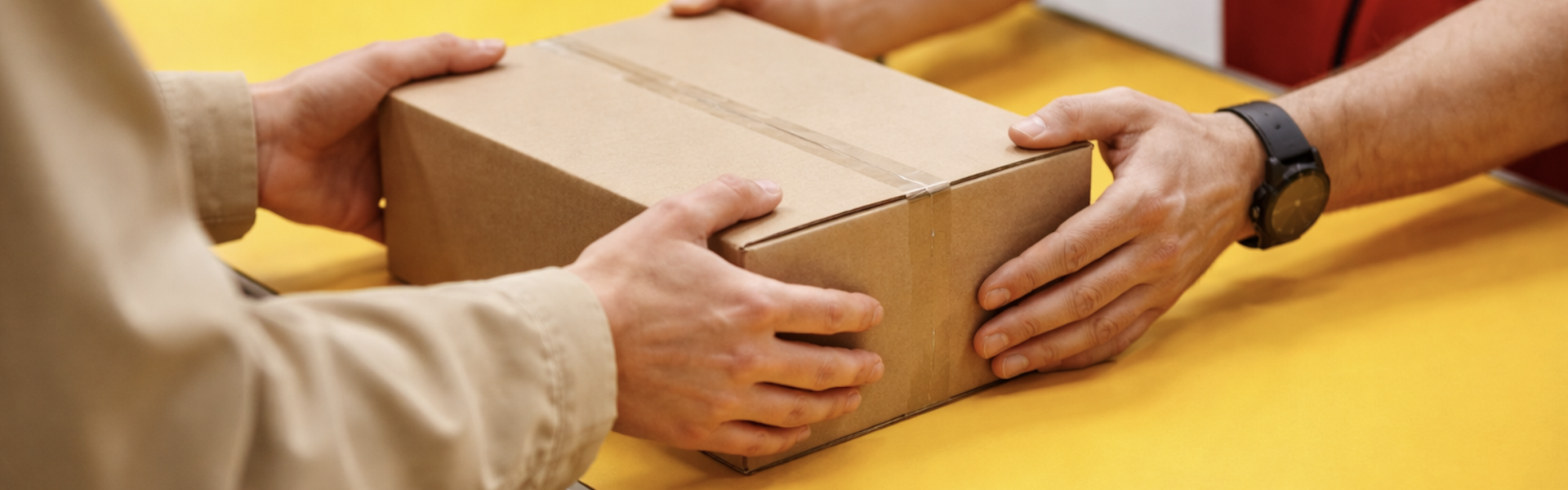Eine Person übergibt einer anderen Person ein Paket an einem Postschalter